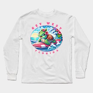Key West Florida Girls Cute Surfing Sea Turtle Long Sleeve T-Shirt
